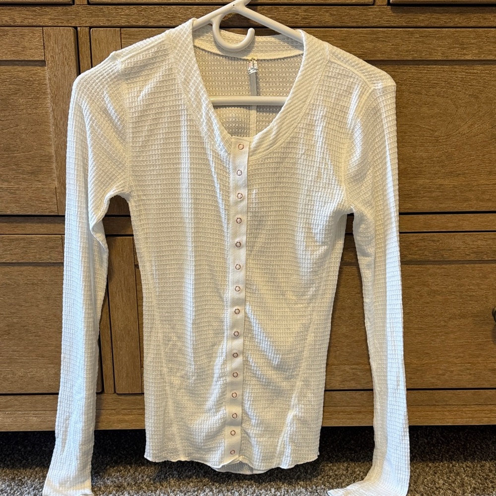 Free People Cream/white Button-Down Waffle Knit Shirt